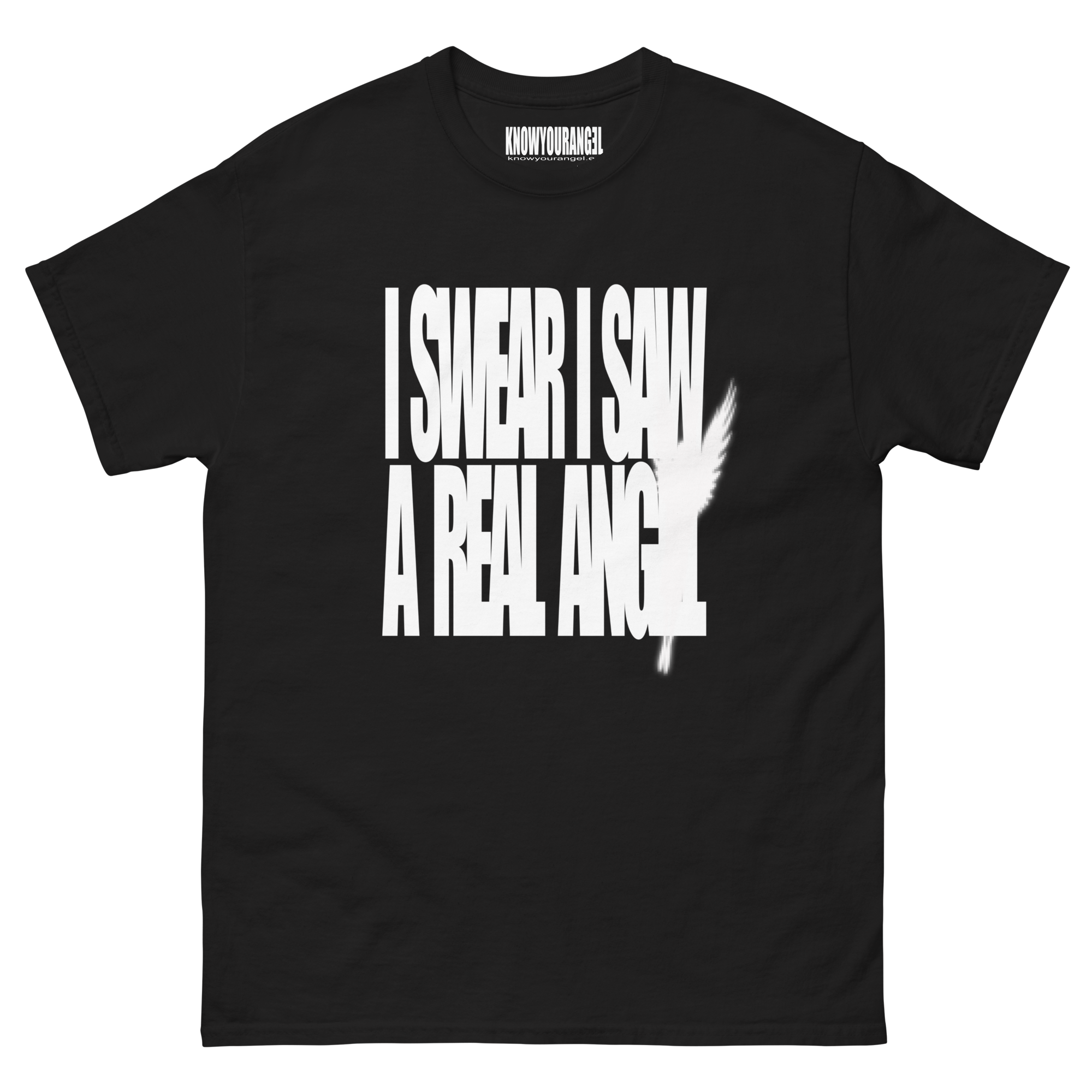 I SWEAR I SAW A REAL ANGEL t-shirt with bold text and pixelated glowing angel graphic