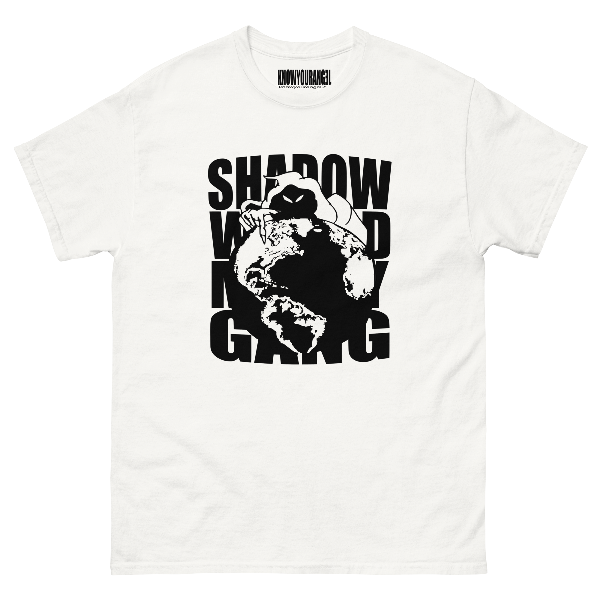 SHADOW WIZARD MONEY GANG t-shirt with wizard pointing at Earth and stylized text