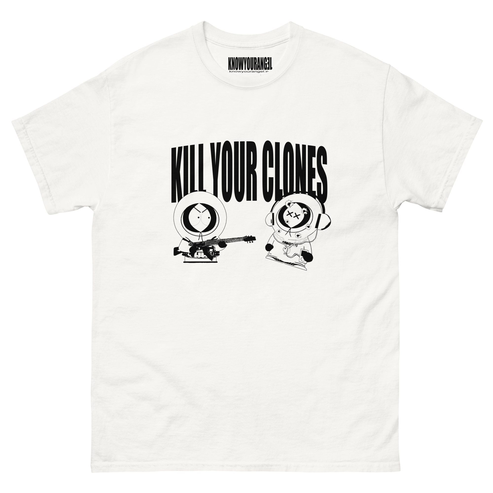 KILL YOUR CLONES t-shirt featuring South Park Kenny with AK-47 guitar