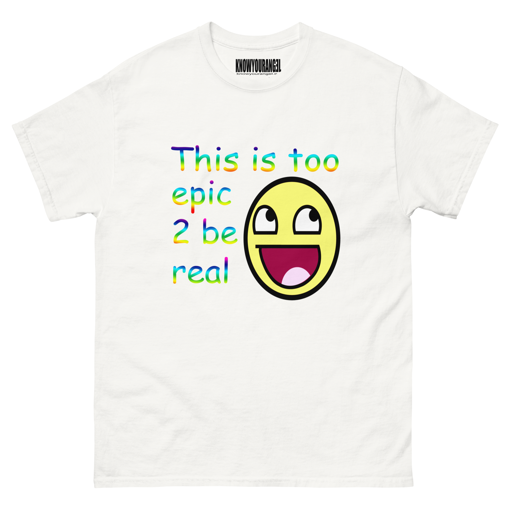 EPIC FACE t-shirt with rainbow Comic Sans and Roblox-inspired design