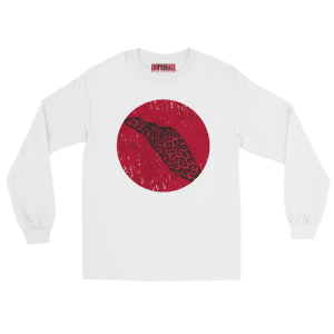 JAPANESE RATXET TEE long sleeve white shirt with red circle and leopard print design