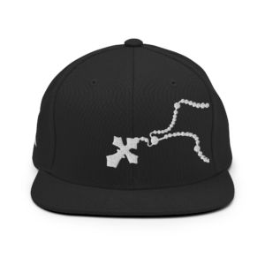 FAITH CAP black snapback with white rosary embroidery on front and cursive Faith script on back