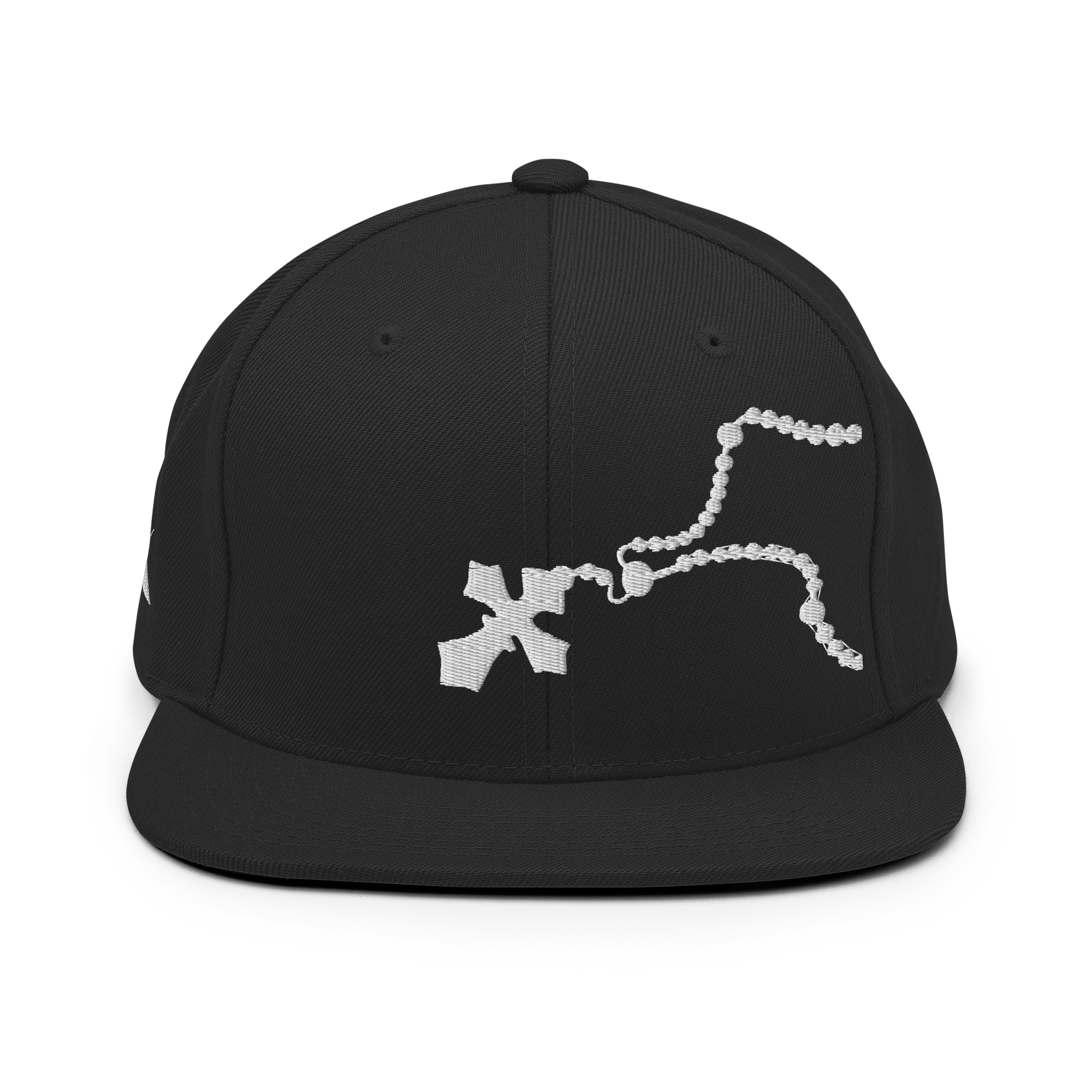 FAITH CAP black snapback with white rosary embroidery on front and cursive Faith script on back